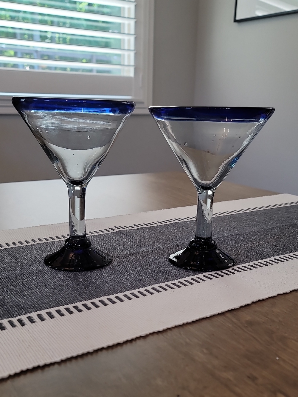 Vintage Mexico Hand Blown W/ Blue Rim/Clear Martini/Margarita Glasses- Set of 2